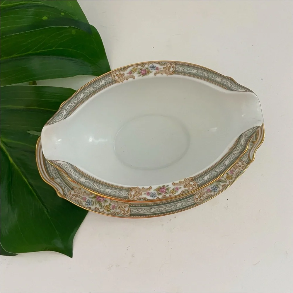 Noritake Lynbrook Made in Occupied Japan Cream & Gold Floral Gravy Boat w/ plate